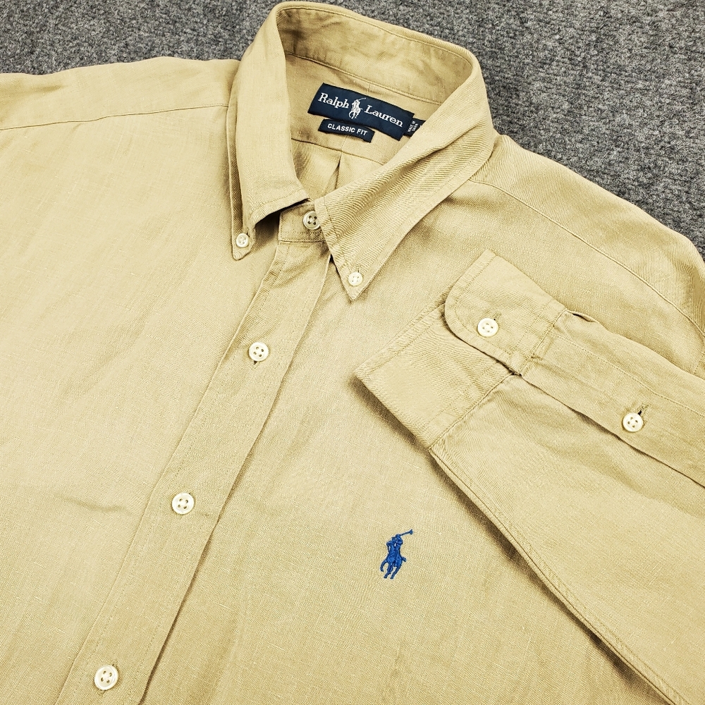 Vintage Ralph Lauren Linen Silk Shirt Mens Large Button Down Khaki Beige Oxford
